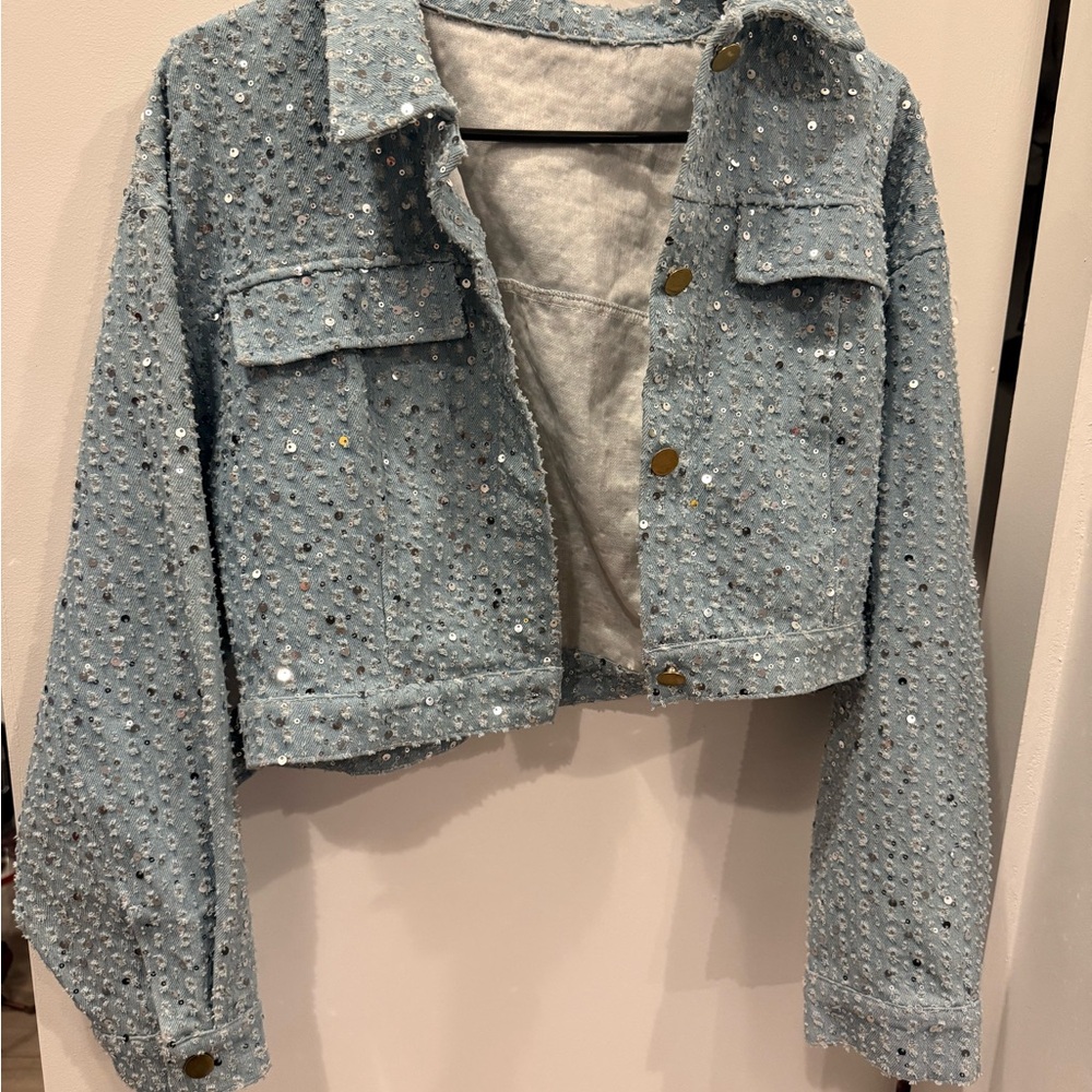 Light Blue Cropped denim Jacket sequins